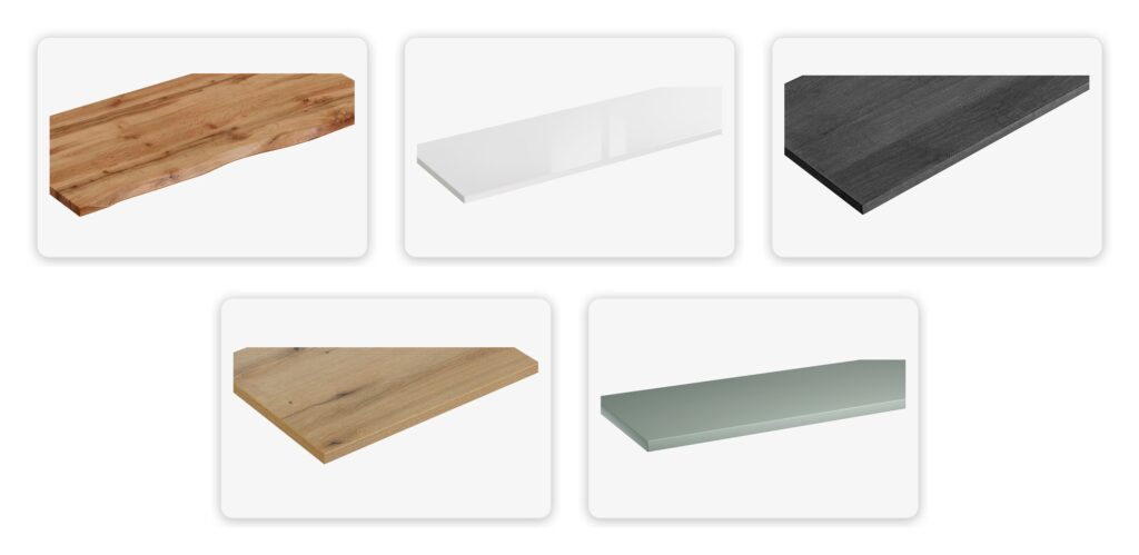 Fürdőszoba pultlap választék montázs – fa, fehér, fekete és szürke mosdólapok egyben