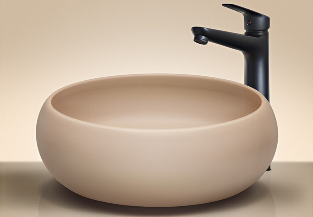 Pultra ültethető mosdó mosdótál 32×32 cm – Fehér SET-DOMI MW T201L-3-MP Pultra ültethető mosdó bézs színű kerek mosdótál, matt fekete csapteleppel