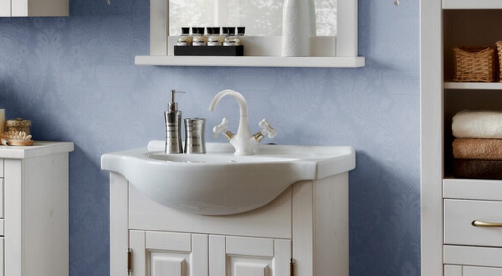 Süllyesztett mosdó – Bútorba építhető mosdó egymedencés 60 cm – Fehér Mat SKY 1 60 MATT WHITE ( E-8099-60 )-SM Beépíthető mosdókagyló klasszikus fehér mosdószekrényen, íves előlappal