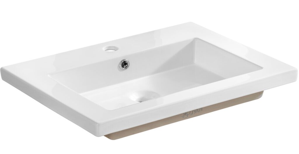 Süllyesztett mosdó – Bútorba építhető mosdó egymedencés 60 cm – Fehér Mat SKY 1 60 MATT WHITE ( E-8099-60 )-SM Beépíthető mosdó szögletes medencével, jobb oldali mélyítéssel, fehér kerámia