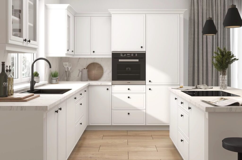 .ROMA ELEMES KONYHABÚTOR GRAFIT U ALAKÚ SAROK KONYHA ÖSSZEÁLLÍTÁS konyhabútor ROMA elemes konyhabútor fehér matt festett fronttal, U alakú sarokkonyha márványhatású munkalappal