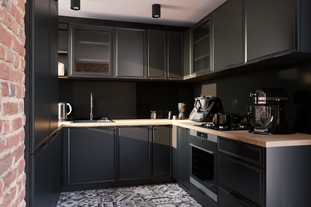 .ROMA ELEMES KONYHABÚTOR GRAFIT U ALAKÚ SAROK KONYHA ÖSSZEÁLLÍTÁS konyhabútor ROMA grafit elemes konyhabútor sötét festett fronttal, sarokkonyha fa munkalappal