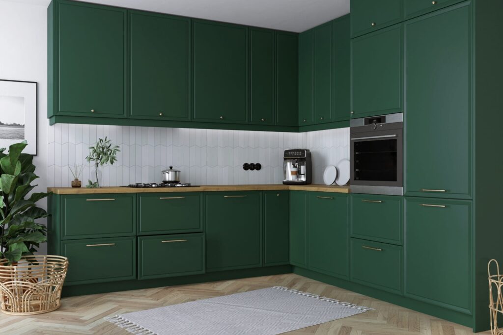 .ROMA ELEMES KONYHABÚTOR GRAFIT U ALAKÚ SAROK KONYHA ÖSSZEÁLLÍTÁS konyhabútor ROMA zöld elemes konyhabútor matt festett fronttal, modern sarokkonyha fa munkalappal
