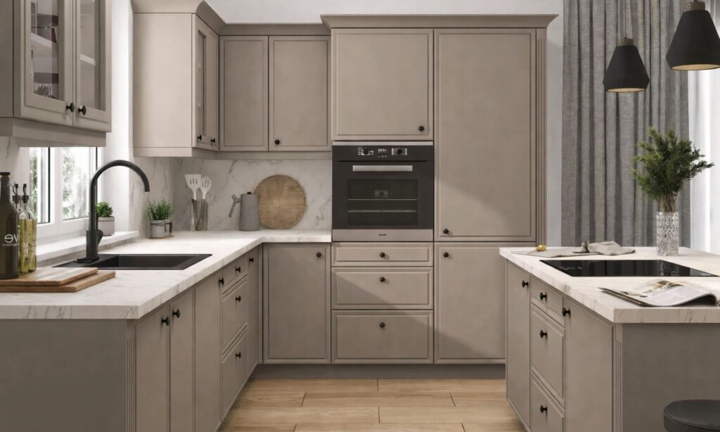 .ROMA ELEMES KONYHABÚTOR GRAFIT U ALAKÚ SAROK KONYHA ÖSSZEÁLLÍTÁS konyhabútor ROMA elemes konyhabútor bézs festett fronttal, elegáns sarokkonyha világos munkalappal