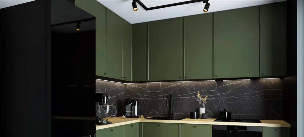 AREZZO KONYHABÚTOR Magas 40es cargokosaras elem(1D14K40 ) AREZZO sötétzöld konyhabútor fekete márványhatású hátfallal