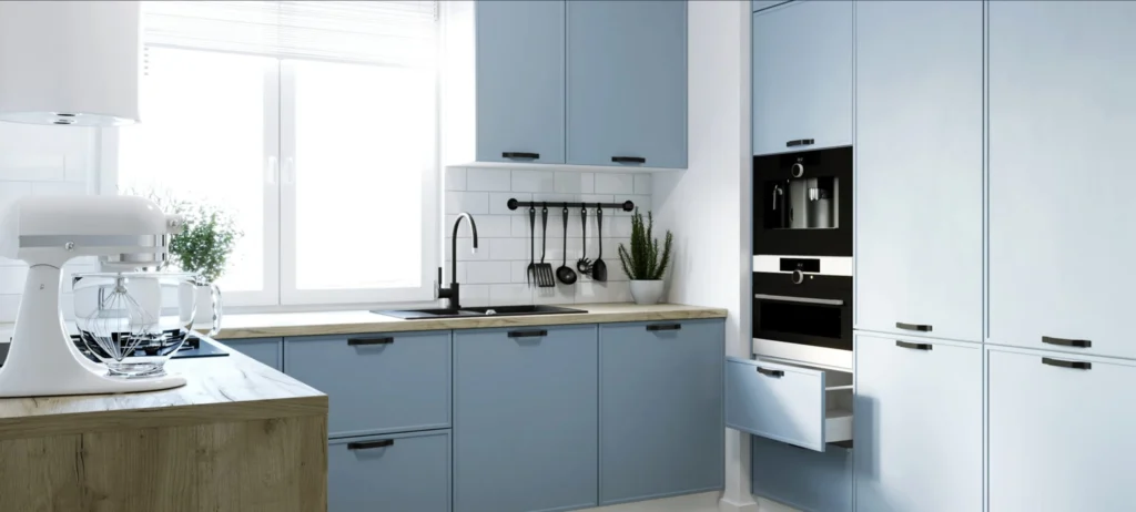 AREZZO KONYHABÚTOR Magas 40es cargokosaras elem(1D14K40 ) AREZZO világoskék konyhabútor közeli részlet nyitott alsó fiókkal