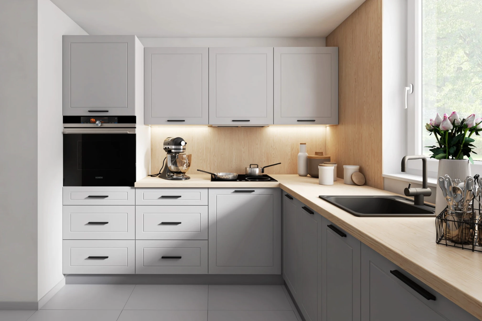 BARI konyhabútor világos szürke és sötétszürke elemekkel kis sarokkonyha elrendezésben