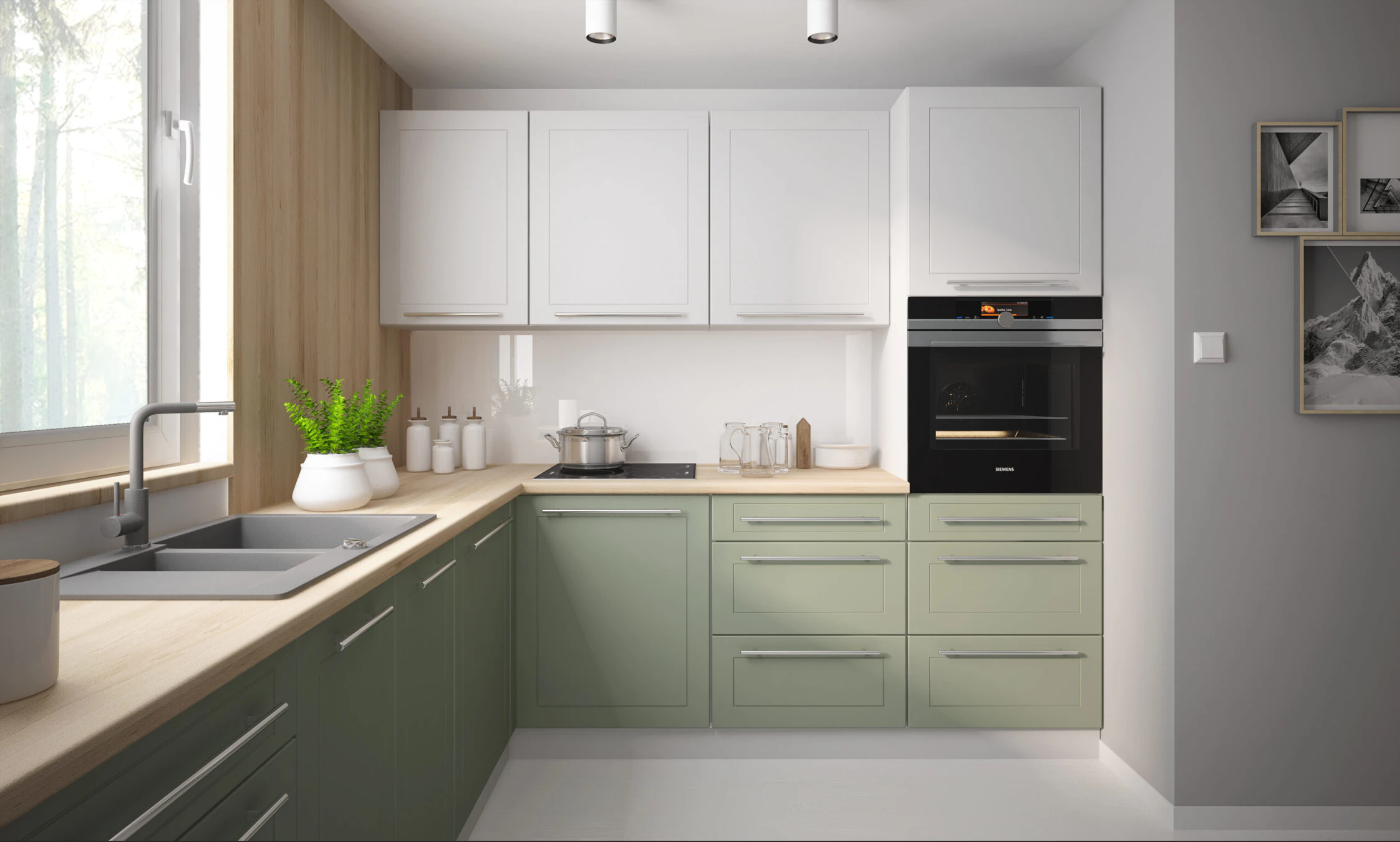 BARI zöld-fehér sarok konyhabútor fehér felső elemekkel és zöld alsó szekrényekkel