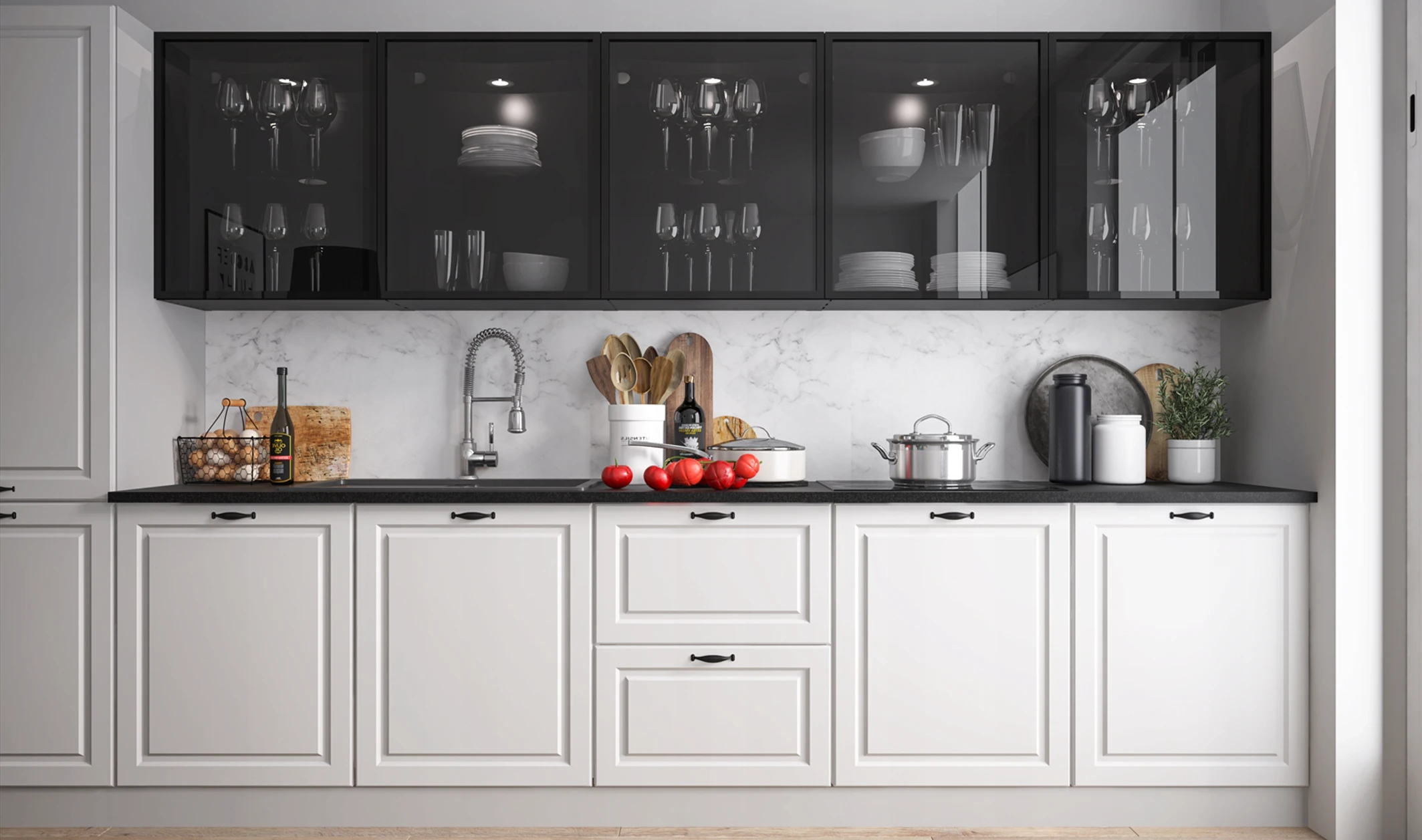 EMPORIUM KONYHABÚTOR 360CM EMPORIUM konyhabútor 360 cm vitrines felső elemekkel és fehér frontokkal