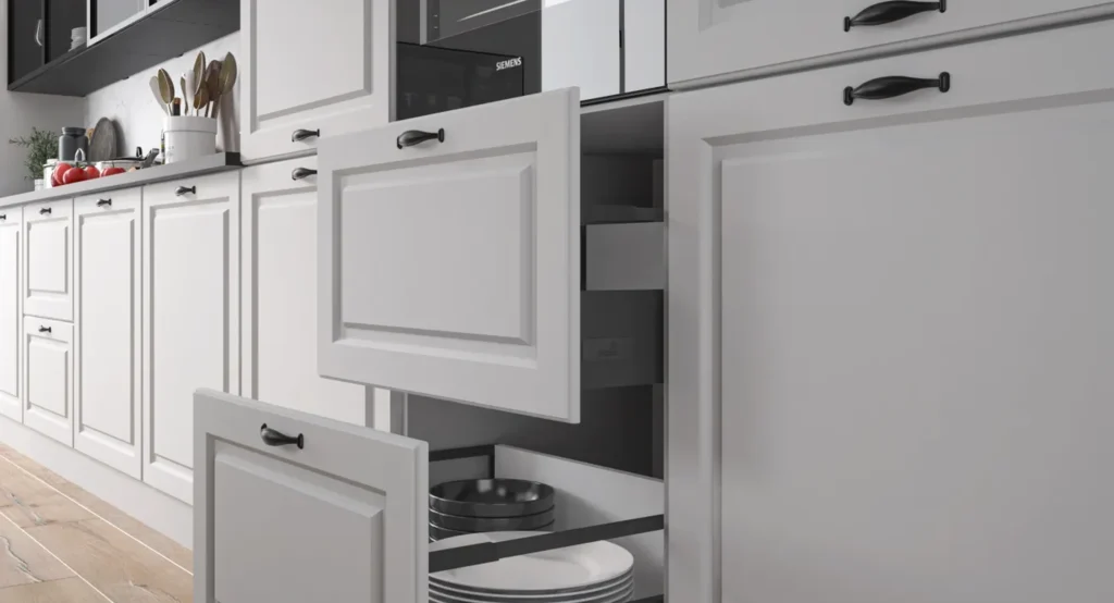 .EMPORIUM KONYHABÚTOR FEHÉR 360 cm Összeállítás EMPORIUM konyhabútor tároló részlet nyitott ajtóval