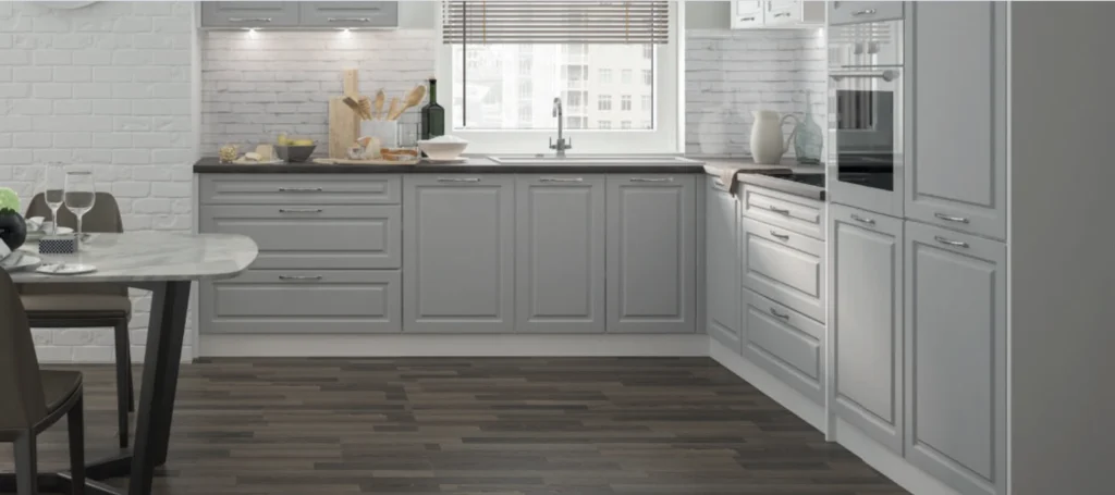 .EMPORIUM KONYHABÚTOR FEHÉR 360 cm Összeállítás EMPORIUM konyhabútor front közeli kép mart kerettel és fogantyúval