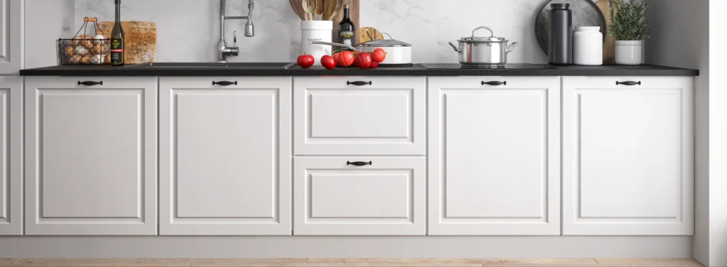 .EMPORIUM KONYHABÚTOR FEHÉR 360 cm Összeállítás EMPORIUM konyhabútor fehér alsó frontok fekete fogantyúkkal