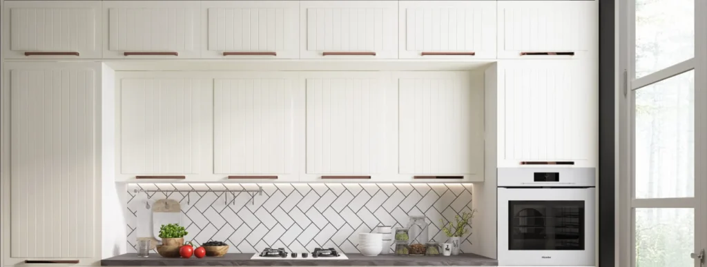 LIVORNO KONYHABÚTOR (D12R 90+polka) 1 AJTÓS SAROK szekr. 90 cm LIVORNO krém konyhabútor felső szekrények halszálkás hátfallal