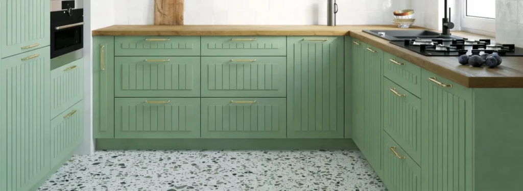 LIVORNO KONYHABÚTOR (D12R 90+polka) 1 AJTÓS SAROK szekr. 90 cm LIVORNO zöld frontos konyhabútor alsó elemek közeli részlete