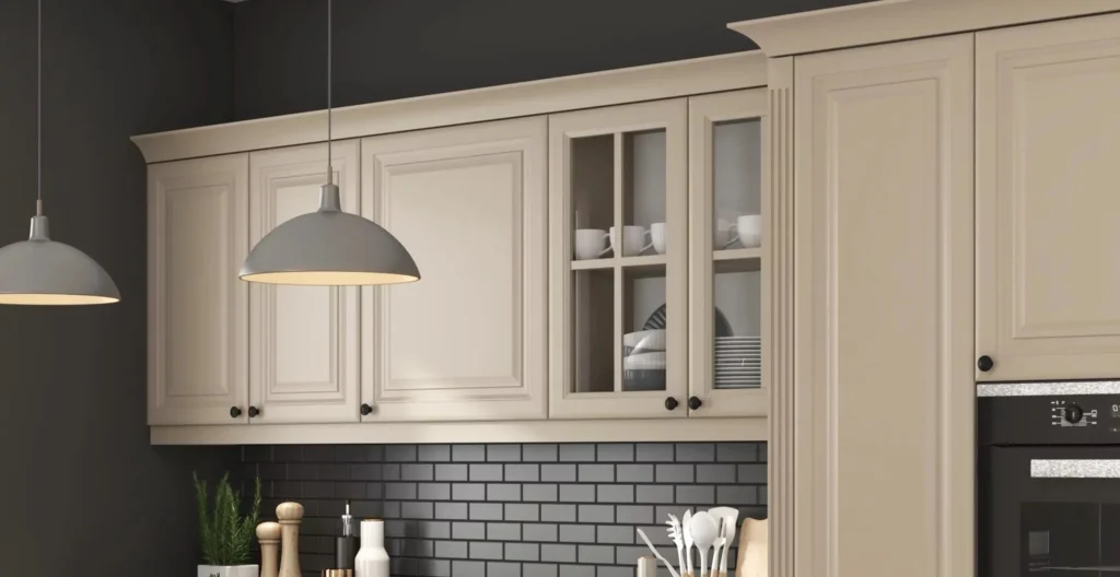 MODENA KONYHABÚTOR 3 FIÓKOS szekrény 60 cm (D3M 60) MODENA krémszínű felső konyhaszekrények fekete csempés háttérrel