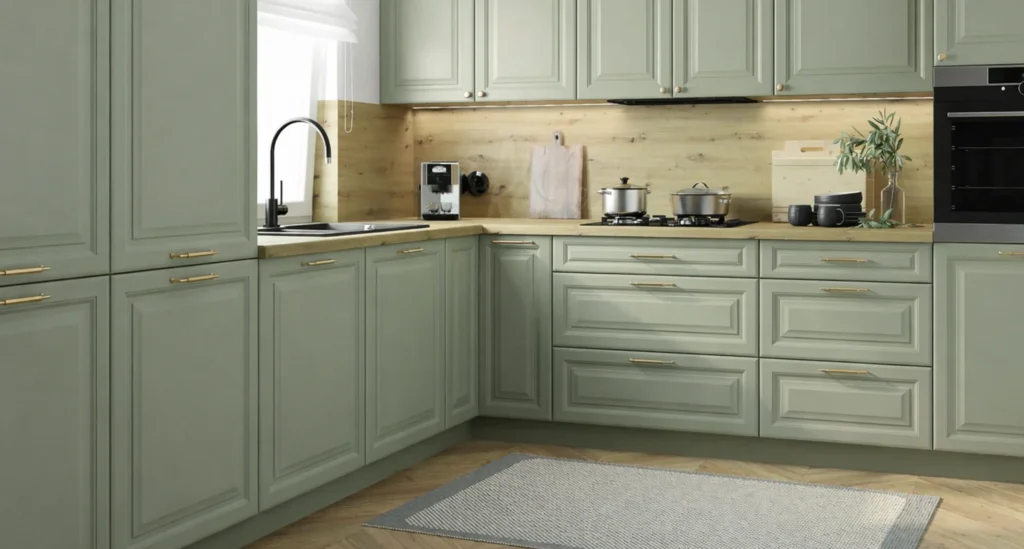 MODENA KONYHABÚTOR 3 FIÓKOS szekrény 60 cm (D3M 60) MODENA zöld sarok konyhabútor részlet fa hátfallal és arany fogantyúkkal