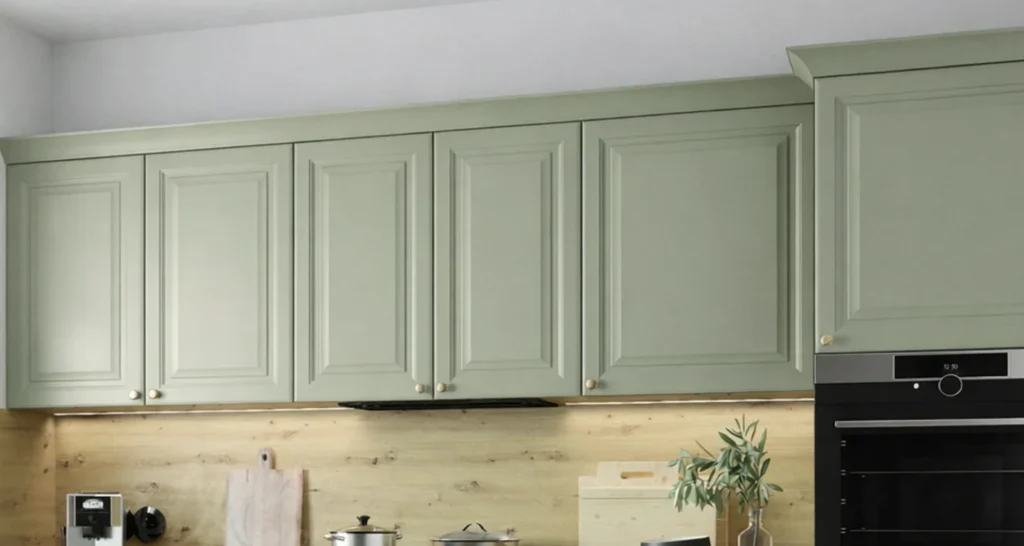 MODENA KONYHABÚTOR 3 FIÓKOS szekrény 60 cm (D3M 60) MODENA zöld felső konyhaszekrények közelről fa hátfallal