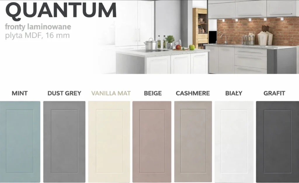 .QUANTUM KONYHABÚTOR Graphite 400 cm Összeállítás QUANTUM konyhabútor hétféle frontszíne feliratozott mintaképen