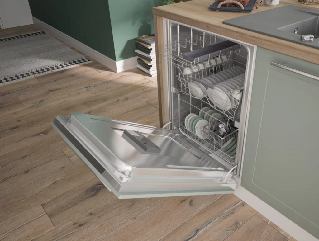 .QUANTUM KONYHABÚTOR Graphite 400 cm Összeállítás QUANTUM konyhabútor közeli kép nyitott beépíthető mosogatógéppel