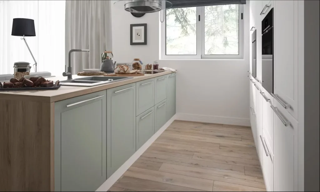 .QUANTUM KONYHABÚTOR Graphite 400 cm Összeállítás QUANTUM menta és fehér konyhabútor közeli nézetben