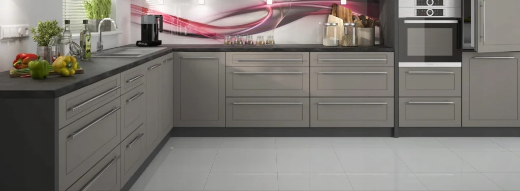 .QUANTUM KONYHABÚTOR Graphite 400 cm Összeállítás QUANTUM bézs és vanília konyhabútor közeli alsó szekrényei