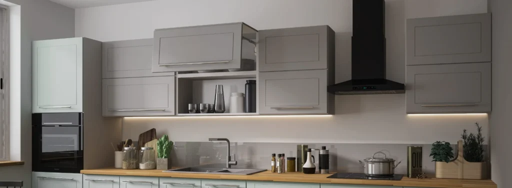.QUANTUM KONYHABÚTOR Graphite 400 cm Összeállítás QUANTUM két tónusú konyhabútor közeli képe felnyíló felső elemmel