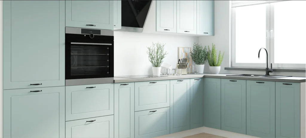 .QUANTUM KONYHABÚTOR Graphite 400 cm Összeállítás QUANTUM menta sarok konyhabútor közeli részlete