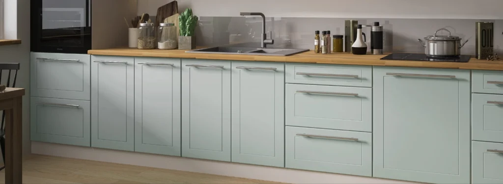 .QUANTUM KONYHABÚTOR Graphite 400 cm Összeállítás QUANTUM menta konyhabútor alsó elemei közeli nézetben