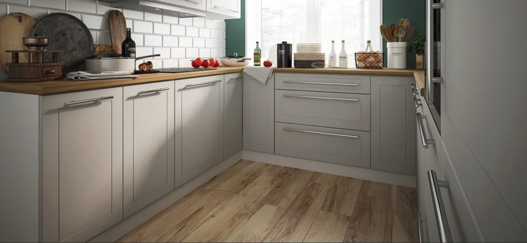 .QUANTUM KONYHABÚTOR Graphite 400 cm Összeállítás QUANTUM dust grey U alakú konyhabútor közeli részlete