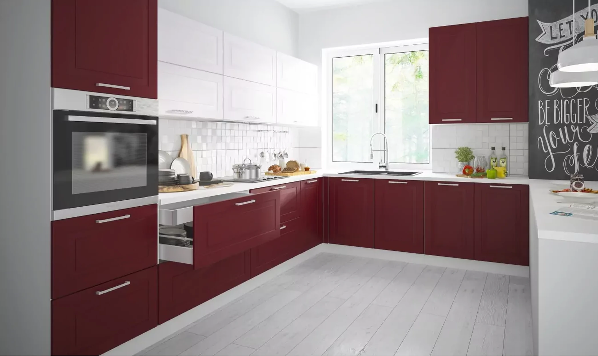 RIMINI konyhabútor bordó festett frontokkal és fehér felsőszekrényekkel sarok elrendezésben