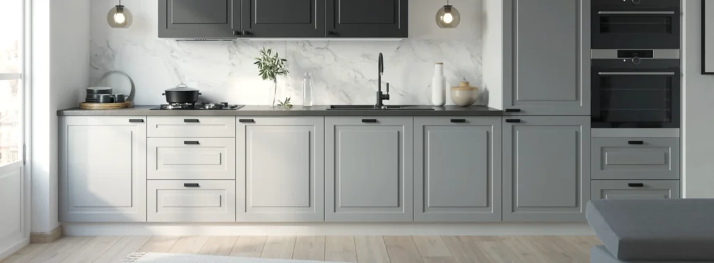 RIMINI KONYHABÚTOR (D13U) VAK SAROK 1 AJTÓS SAROK szekrény RIMINI konyhabútor közeli részlet világos szürke alsó elemekkel és sötét felsőszekrényekkel