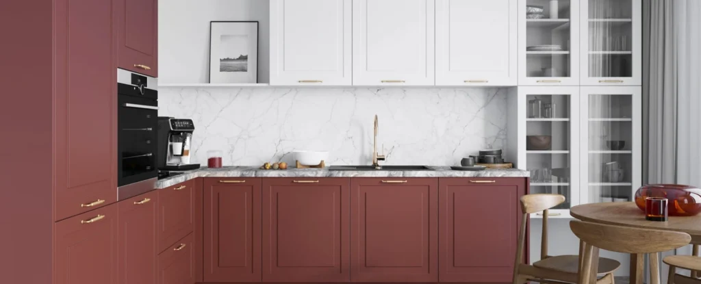 RIMINI KONYHABÚTOR (D13U) VAK SAROK 1 AJTÓS SAROK szekrény RIMINI konyhabútor bordó alsó elemekkel és fehér felsőszekrényekkel elegáns részlet