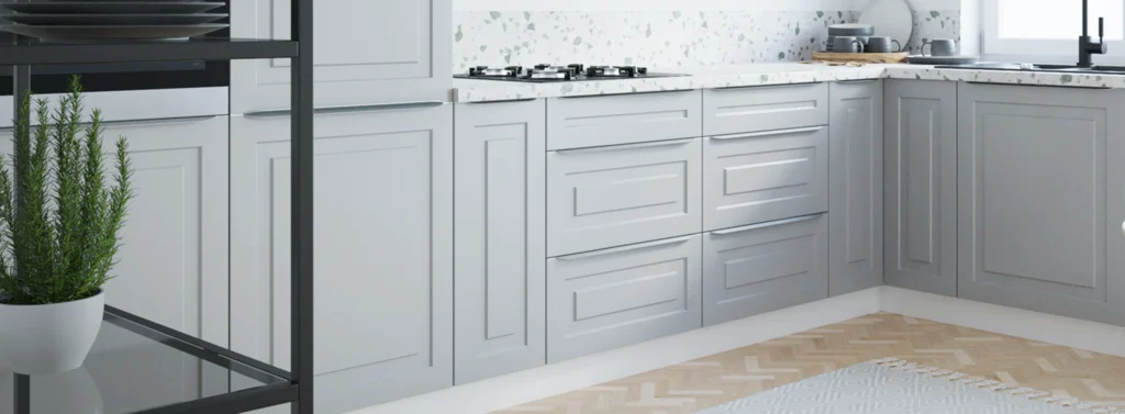 RIMINI KONYHABÚTOR (D13U) VAK SAROK 1 AJTÓS SAROK szekrény RIMINI konyhabútor világos szürke alsó elemekkel és terrazzo mintás munkalappal