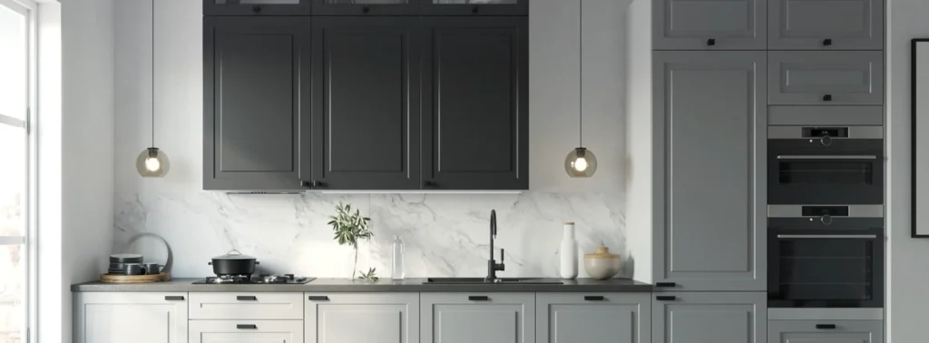 RIMINI KONYHABÚTOR (D13U) VAK SAROK 1 AJTÓS SAROK szekrény RIMINI konyhabútor szürke és sötétszürke elemekkel modern konyhai részlet