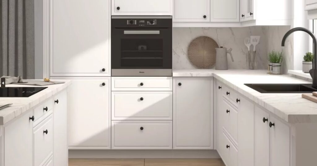 .ROMA ELEMES KONYHABÚTOR GRAFIT U ALAKÚ SAROK KONYHA ÖSSZEÁLLÍTÁS konyhabútor ROMA fehér elemes konyhabútor közeli részlet beépített sütővel és márványhatású háttérrel