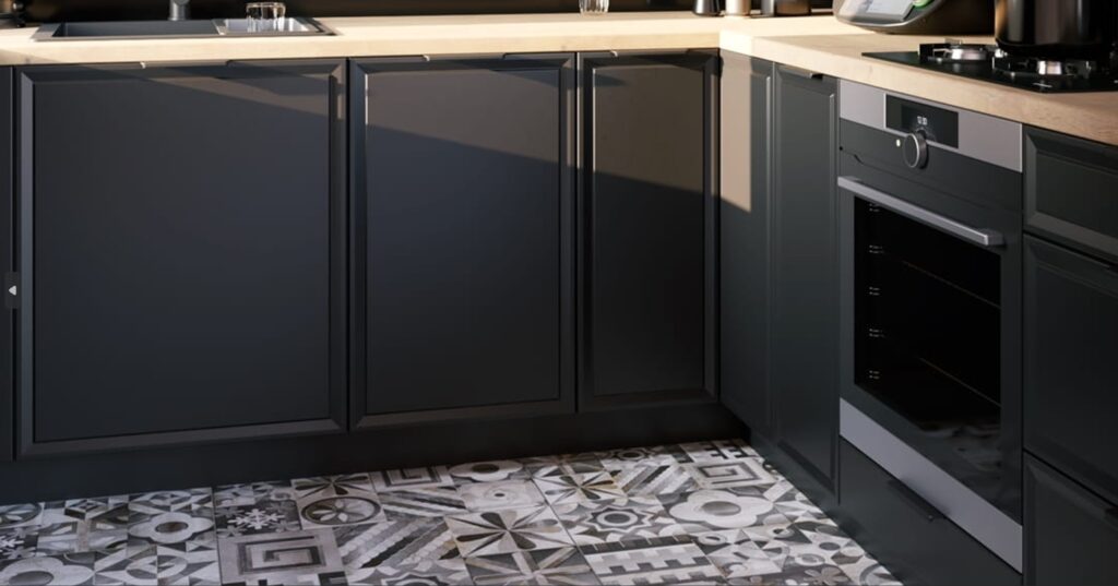 .ROMA ELEMES KONYHABÚTOR GRAFIT U ALAKÚ SAROK KONYHA ÖSSZEÁLLÍTÁS konyhabútor ROMA grafit elemes konyhabútor közeli alsó sarokelem és sütő részlet fa munkalappal