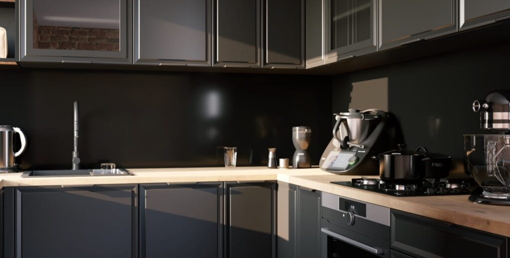 .ROMA ELEMES KONYHABÚTOR GRAFIT U ALAKÚ SAROK KONYHA ÖSSZEÁLLÍTÁS konyhabútor ROMA grafit elemes konyhabútor közeli felső és alsó szekrény részlet fekete hátfallal