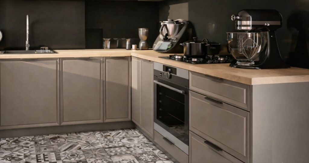 .ROMA ELEMES KONYHABÚTOR GRAFIT U ALAKÚ SAROK KONYHA ÖSSZEÁLLÍTÁS konyhabútor ROMA taupe elemes konyhabútor közeli sarokrészlet fa munkalappal és beépített sütővel