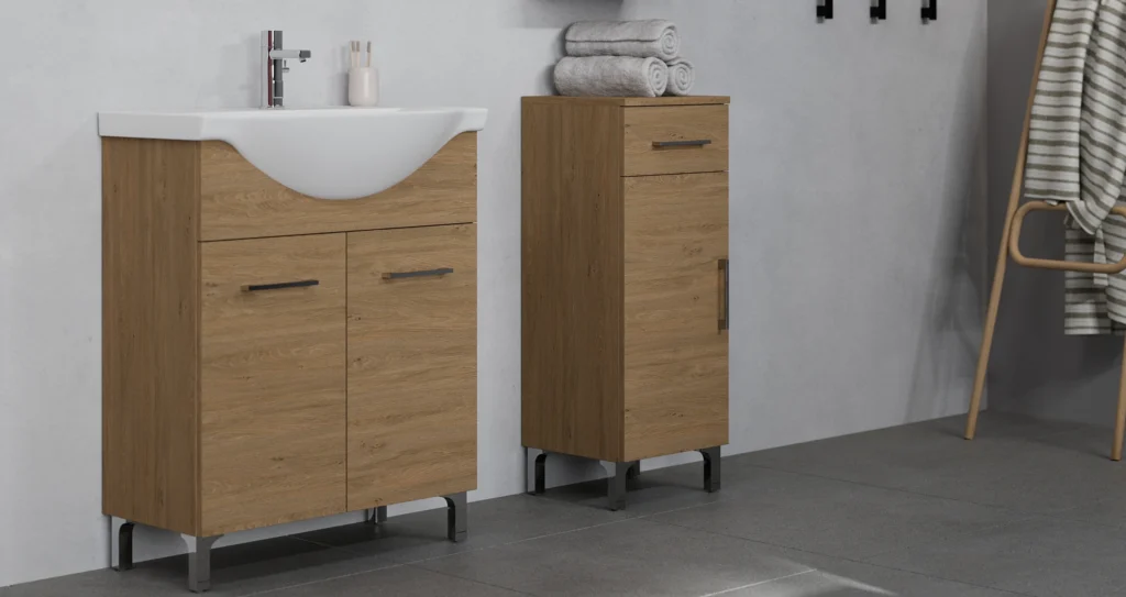 ..Rubino 55 fürdőszoba bútor Szett 4501+213/EL Rovere Ghiaccio RUBINO NEW fürdőszoba bútor és keskeny kiegészítő szekrény famintás kivitelben