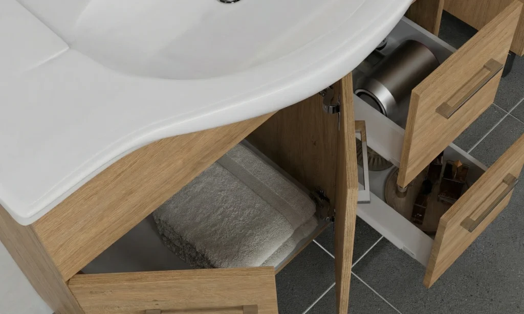 ..Rubino 55 fürdőszoba bútor Szett 4501+213/EL Rovere Ghiaccio RUBINO NEW mosdós szekrény nyitott ajtóval és fiókokkal famintás kivitelben