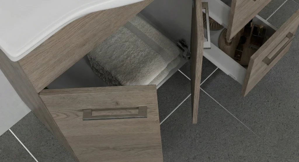 ..Rubino 55 fürdőszoba bútor Szett 4501+213/EL Rovere Ghiaccio RUBINO NEW mosdós szekrény nyitott tárolóval famintás kivitelben