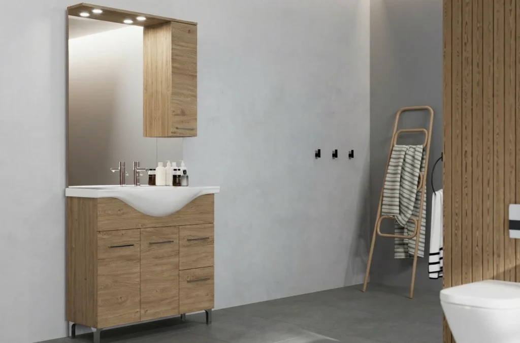 ..Rubino 55 fürdőszoba bútor Szett 4501+213/EL Rovere Ghiaccio RUBINO NEW fürdőszoba bútor szett tükörrel és magas szekrénnyel famintás kivitelben