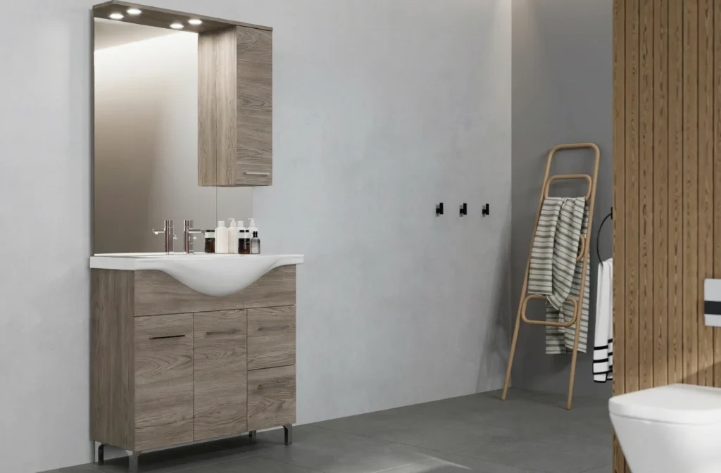 ..Rubino 55 fürdőszoba bútor Szett 4501+213/EL Rovere Ghiaccio RUBINO NEW mosdós szekrény mosdóval famintás kivitelben