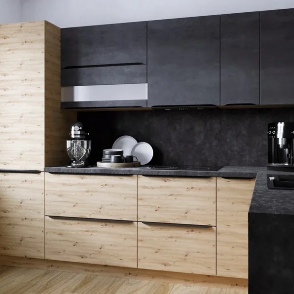 SILVER antracit és artisan sarok konyhabútor sötét modern enteriőrben