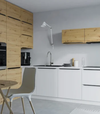 SILVER fehér és artisan sarok konyhabútor magas szekrényes elrendezéssel