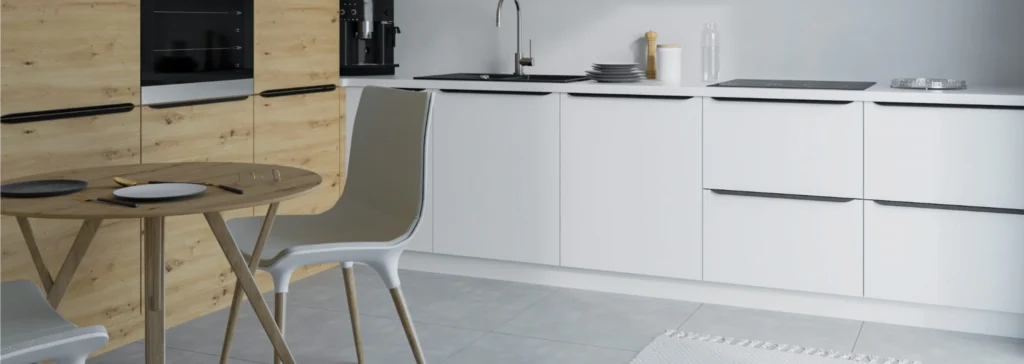 SILVER KONYHABÚTOR 1-ajtós FELSŐ szekrény 20 cm (W2_20 ) SILVER fehér artisan konyhabútor közeli részlete étkezőasztallal