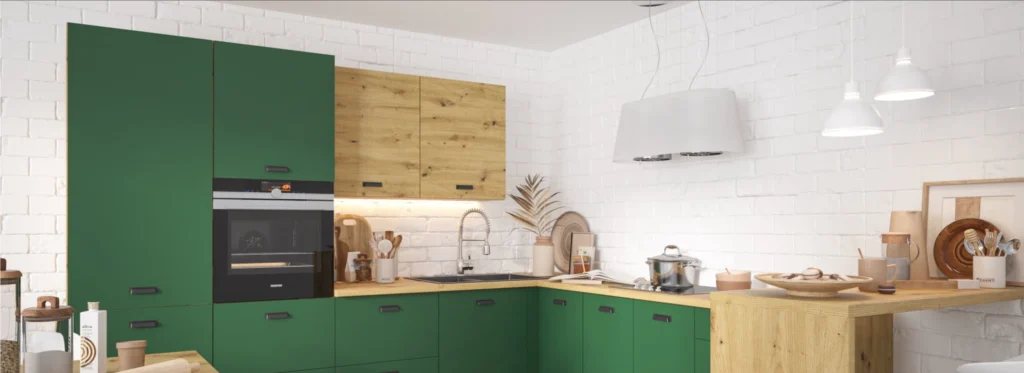 SILVER KONYHABÚTOR 1-ajtós FELSŐ szekrény 20 cm (W2_20 ) SILVER zöld artisan konyhabútor közeli részlet beépített sütővel