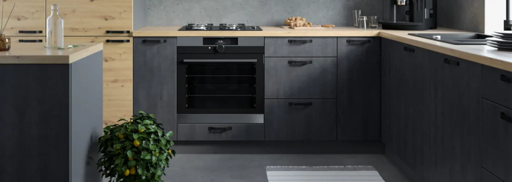 SILVER KONYHABÚTOR 1-ajtós FELSŐ szekrény 20 cm (W2_20 ) SILVER antracit artisan konyhabútor közeli részlet sütővel és munkalappal