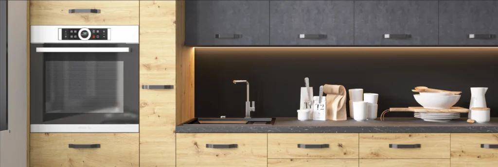 SILVER KONYHABÚTOR 1-ajtós FELSŐ szekrény 20 cm (W2_20 ) SILVER artisan és antracit konyhabútor közeli részlet fekete hátfallal