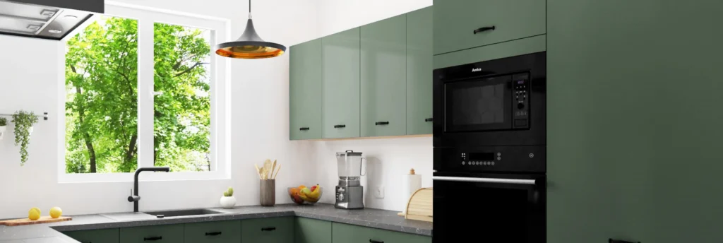 SILVER KONYHABÚTOR 1-ajtós FELSŐ szekrény 20 cm (W2_20 ) SILVER zöld sarok konyhabútor közeli részlet ablakkal és fekete csappal